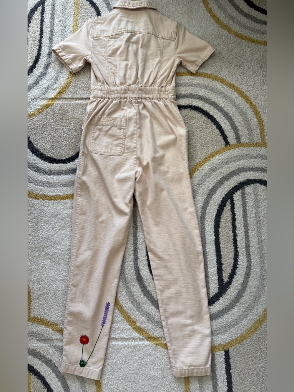 BDG Light Beige Short-Sleeve Utility Jumpsuit with Floral Embroidery - Picture 3 of 5